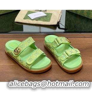 Best Grade Gucci Strass GG Canvas Flat Slides Sandal with Double G Lemon Green 230123