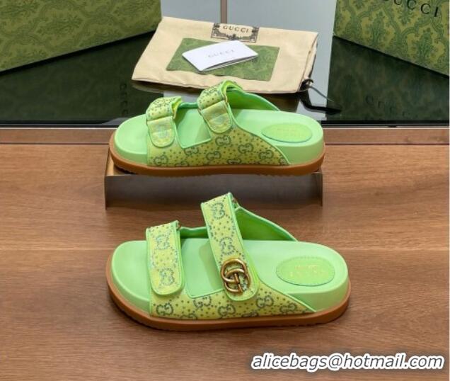 Best Grade Gucci Strass GG Canvas Flat Slides Sandal with Double G Lemon Green 230123