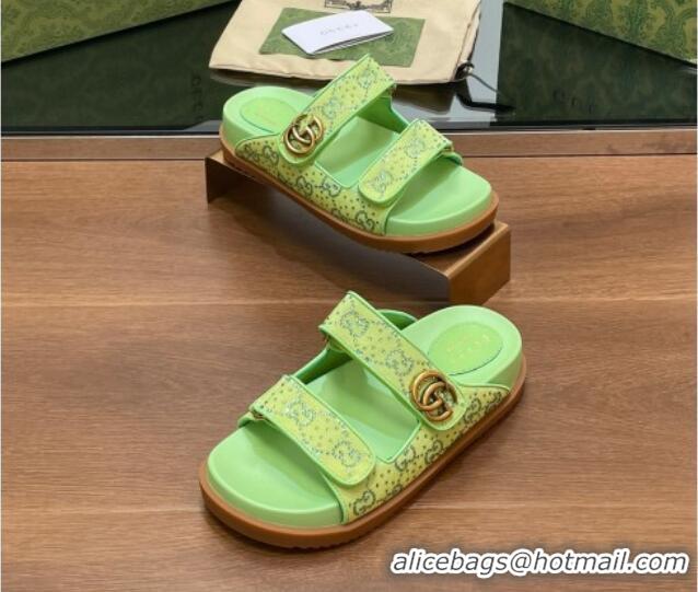 Best Grade Gucci Strass GG Canvas Flat Slides Sandal with Double G Lemon Green 230123