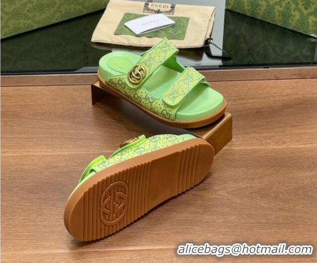 Best Grade Gucci Strass GG Canvas Flat Slides Sandal with Double G Lemon Green 230123