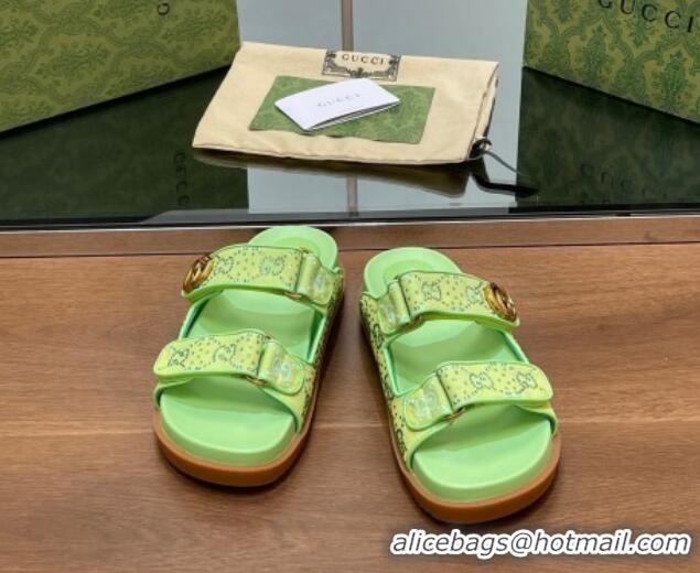 Best Grade Gucci Strass GG Canvas Flat Slides Sandal with Double G Lemon Green 230123