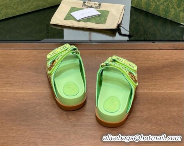 Best Grade Gucci Strass GG Canvas Flat Slides Sandal with Double G Lemon Green 230123