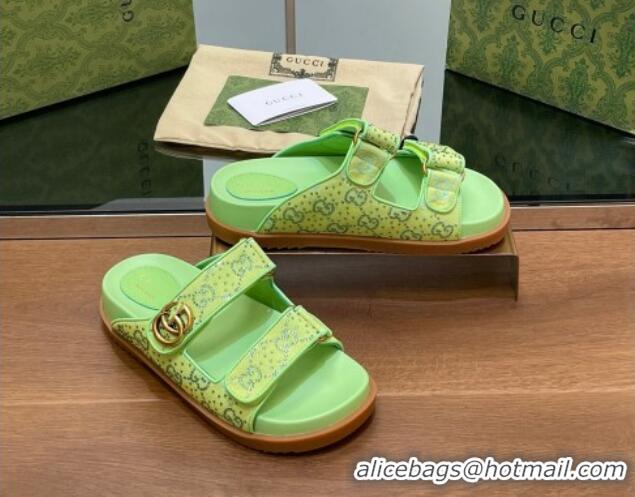 Best Grade Gucci Strass GG Canvas Flat Slides Sandal with Double G Lemon Green 230123