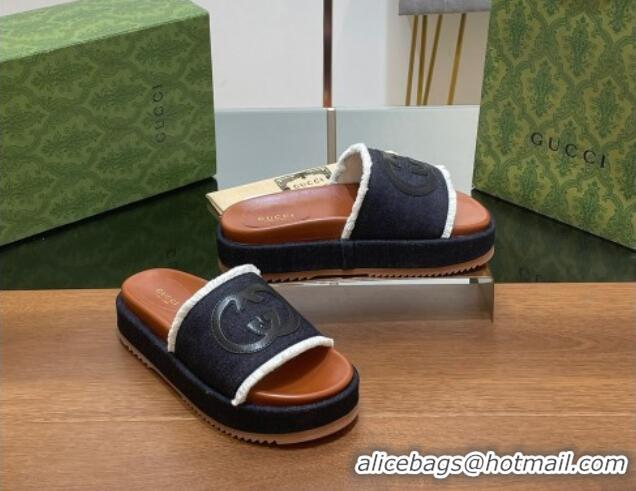 Sophisticated Gucci Canvas Platform Slides Sandal 5.5cm with Fringe Black 230125