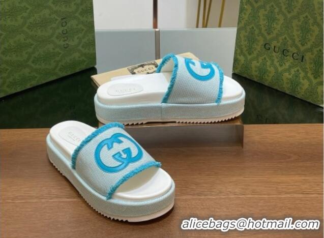 Purchase Gucci Canvas Platform Slides Sandal 5.5cm with Fringe Light Blue 230127