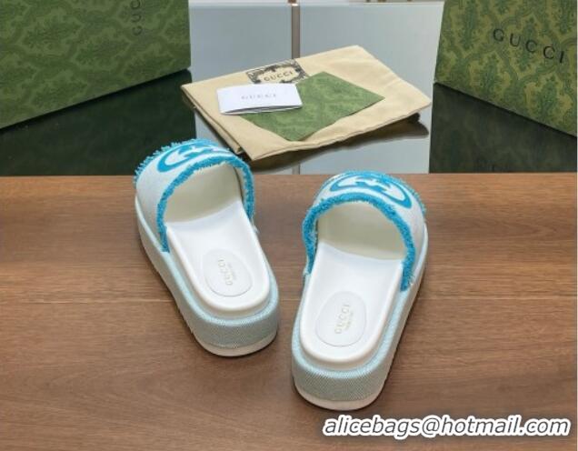 Purchase Gucci Canvas Platform Slides Sandal 5.5cm with Fringe Light Blue 230127