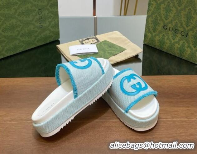 Purchase Gucci Canvas Platform Slides Sandal 5.5cm with Fringe Light Blue 230127