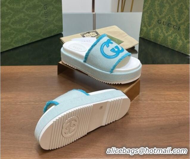 Purchase Gucci Canvas Platform Slides Sandal 5.5cm with Fringe Light Blue 230127