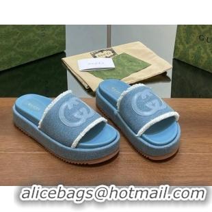 Good Quality Gucci Canvas Platform Slides Sandal 5.5cm with Fringe Denim Blue 7230128