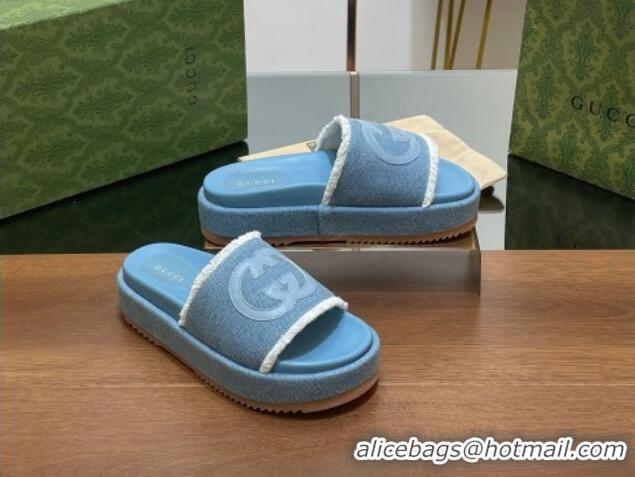 Good Quality Gucci Canvas Platform Slides Sandal 5.5cm with Fringe Denim Blue 7230128