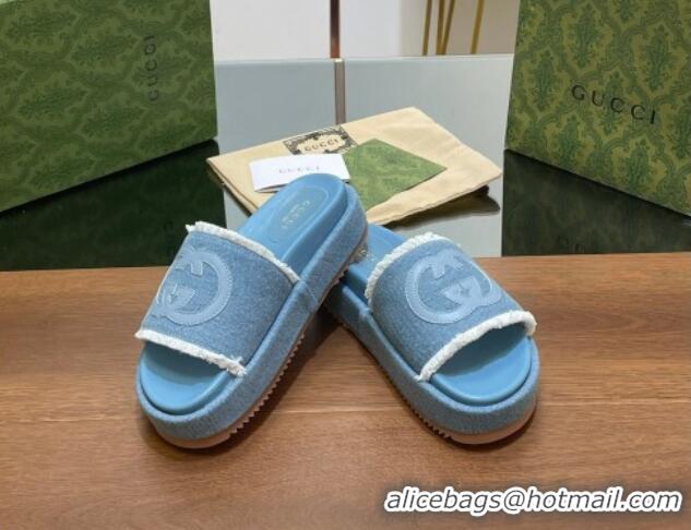 Good Quality Gucci Canvas Platform Slides Sandal 5.5cm with Fringe Denim Blue 7230128