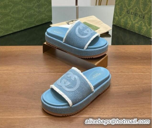 Good Quality Gucci Canvas Platform Slides Sandal 5.5cm with Fringe Denim Blue 7230128