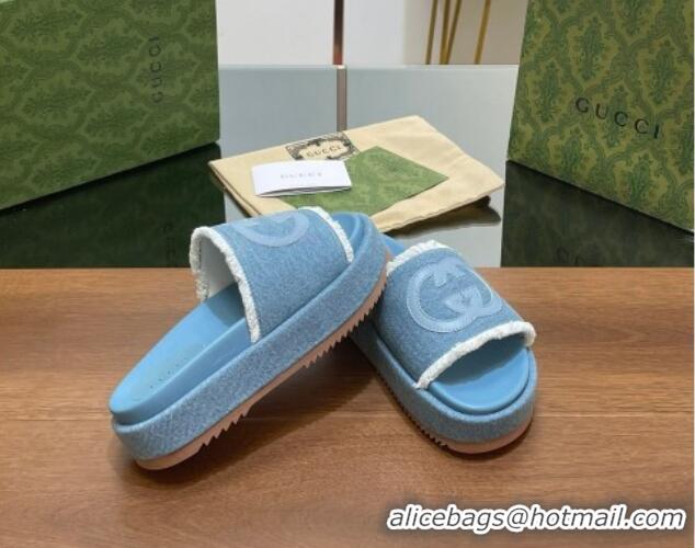 Good Quality Gucci Canvas Platform Slides Sandal 5.5cm with Fringe Denim Blue 7230128