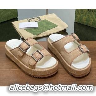 Grade Quality Gucci GG Denim Platform Slides Sandals with Buckle Beige 230129