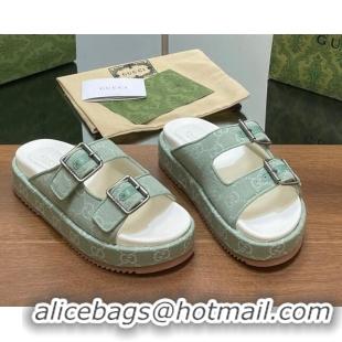 Low Cost Gucci GG Denim Platform Slides Sandals with Buckle Green 230130