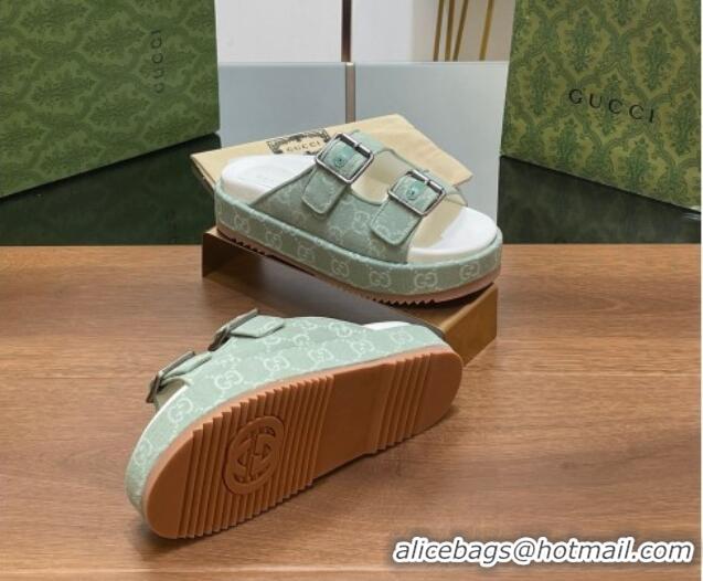 Low Cost Gucci GG Denim Platform Slides Sandals with Buckle Green 230130