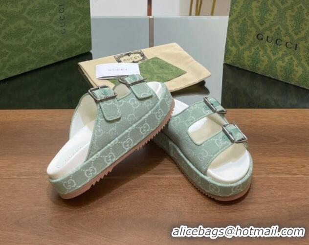 Low Cost Gucci GG Denim Platform Slides Sandals with Buckle Green 230130