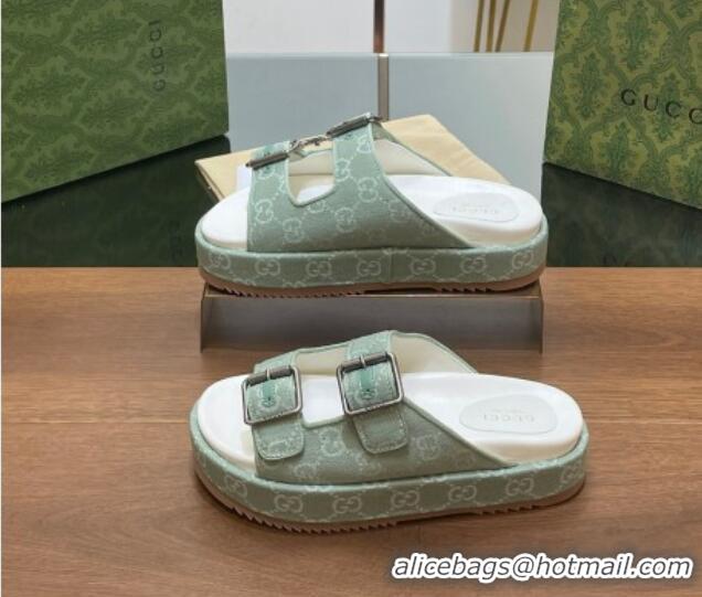 Low Cost Gucci GG Denim Platform Slides Sandals with Buckle Green 230130