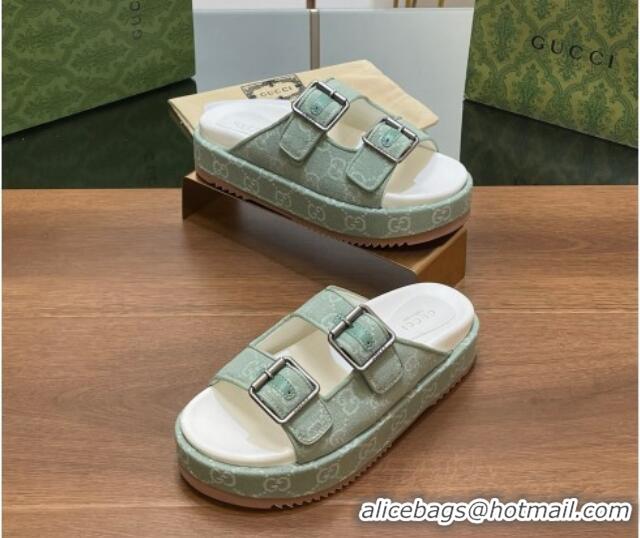 Low Cost Gucci GG Denim Platform Slides Sandals with Buckle Green 230130