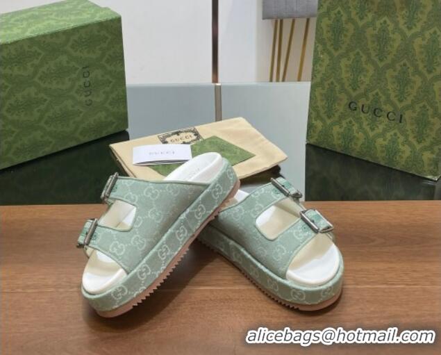 Low Cost Gucci GG Denim Platform Slides Sandals with Buckle Green 230130