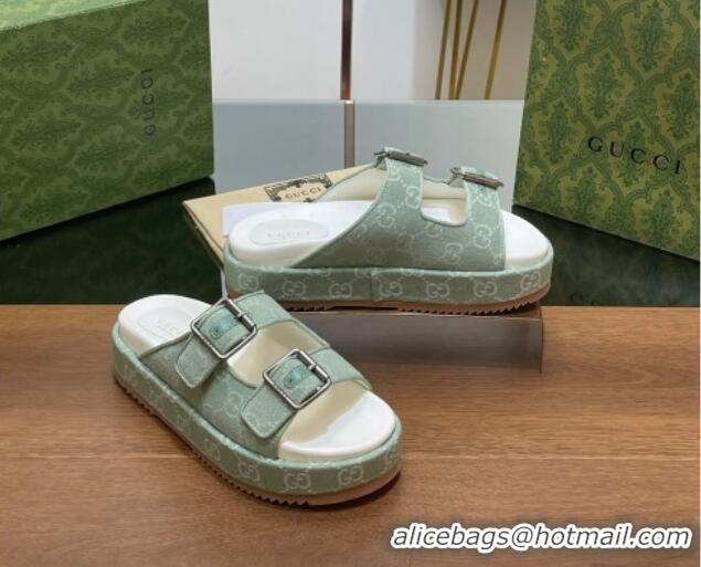 Low Cost Gucci GG Denim Platform Slides Sandals with Buckle Green 230130