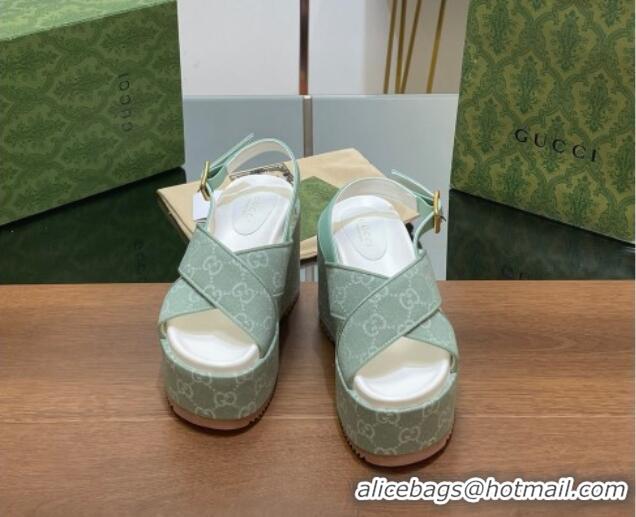 Sophisticated Gucci GG Denim Platform Wedge Sandals Green 230131