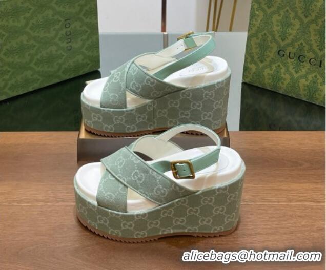 Sophisticated Gucci GG Denim Platform Wedge Sandals Green 230131