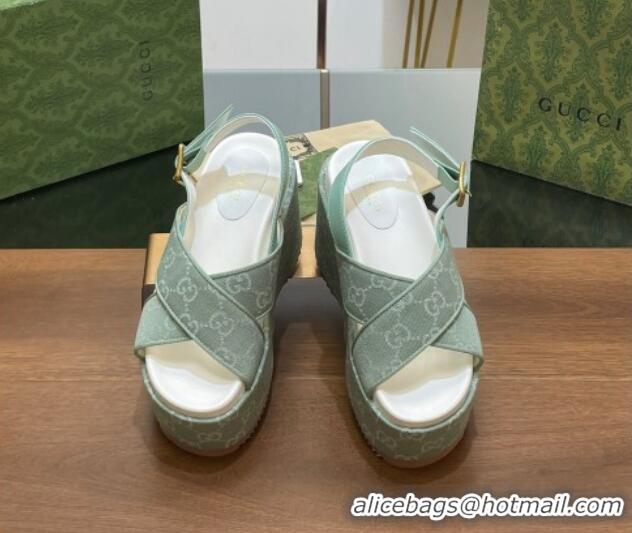 Sophisticated Gucci GG Denim Platform Wedge Sandals Green 230131