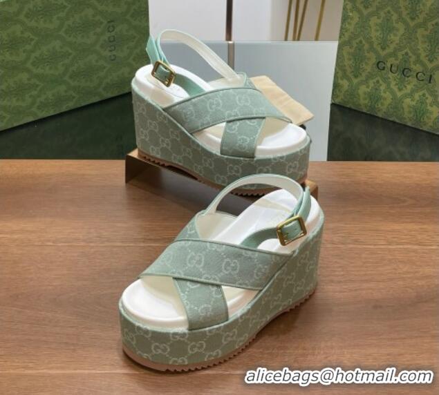 Sophisticated Gucci GG Denim Platform Wedge Sandals Green 230131