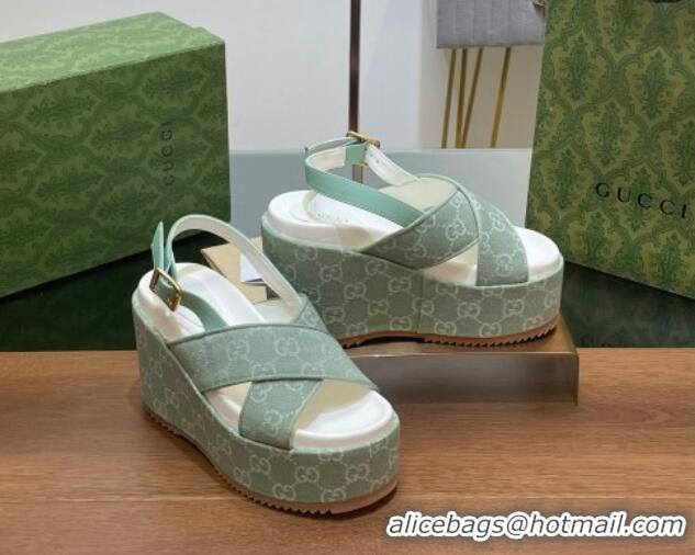 Sophisticated Gucci GG Denim Platform Wedge Sandals Green 230131