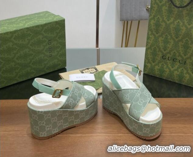 Sophisticated Gucci GG Denim Platform Wedge Sandals Green 230131