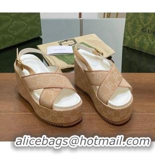 Good Product Gucci GG Denim Platform Wedge Sandals Beige 230132