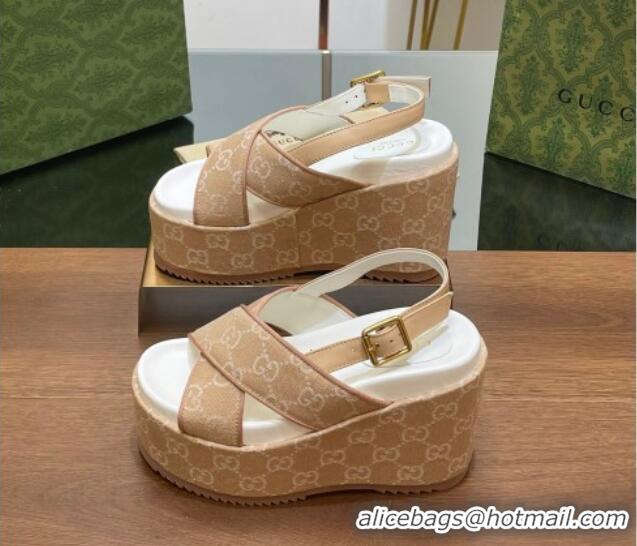 Good Product Gucci GG Denim Platform Wedge Sandals Beige 230132