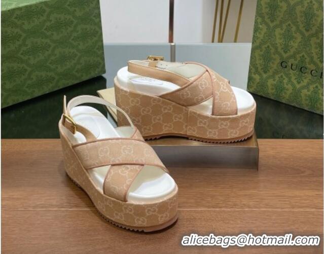 Good Product Gucci GG Denim Platform Wedge Sandals Beige 230132