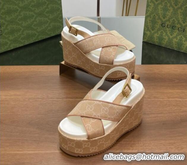 Good Product Gucci GG Denim Platform Wedge Sandals Beige 230132