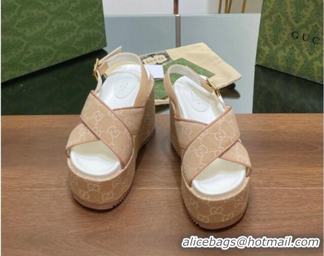 Good Product Gucci GG Denim Platform Wedge Sandals Beige 230132