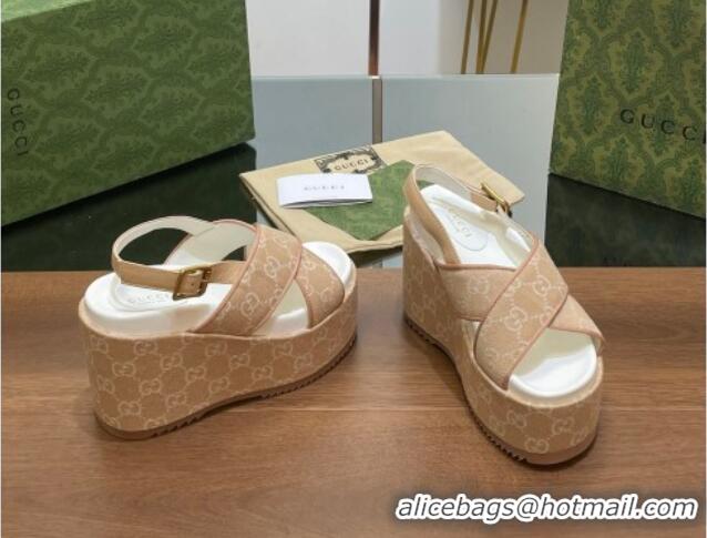 Good Product Gucci GG Denim Platform Wedge Sandals Beige 230132