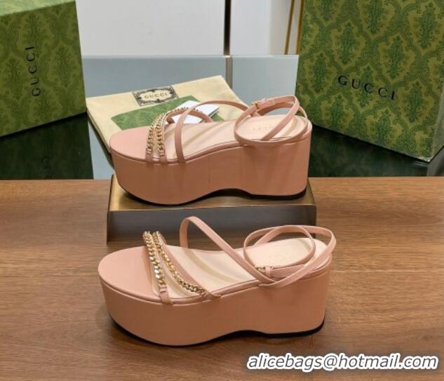 Luxury Gucci Signoria Leather Platform Wedge Sandals with Logo Chain Light Pink 230135