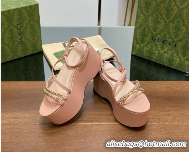 Luxury Gucci Signoria Leather Platform Wedge Sandals with Logo Chain Light Pink 230135