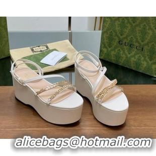 1:1 aaaaa Gucci Signoria Leather Platform Wedge Sandals with Logo Chain White 230136