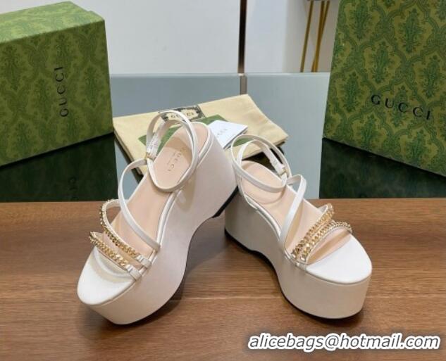 1:1 aaaaa Gucci Signoria Leather Platform Wedge Sandals with Logo Chain White 230136