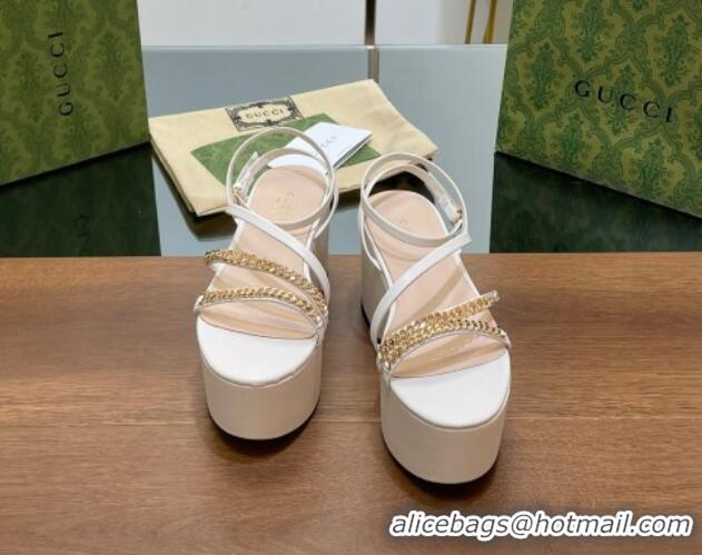 1:1 aaaaa Gucci Signoria Leather Platform Wedge Sandals with Logo Chain White 230136