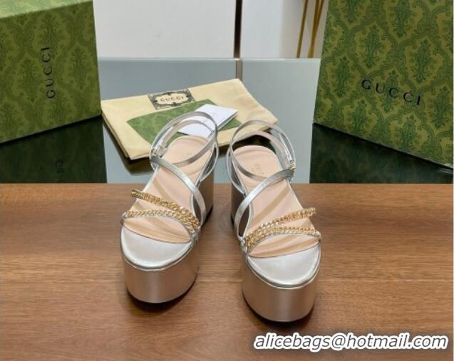 Grade Gucci Signoria Leather Platform Wedge Sandals with Logo Chain Silver 230137