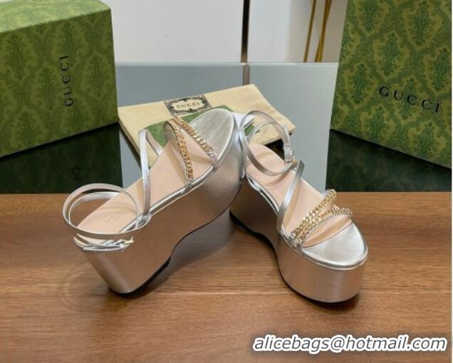 Grade Gucci Signoria Leather Platform Wedge Sandals with Logo Chain Silver 230137