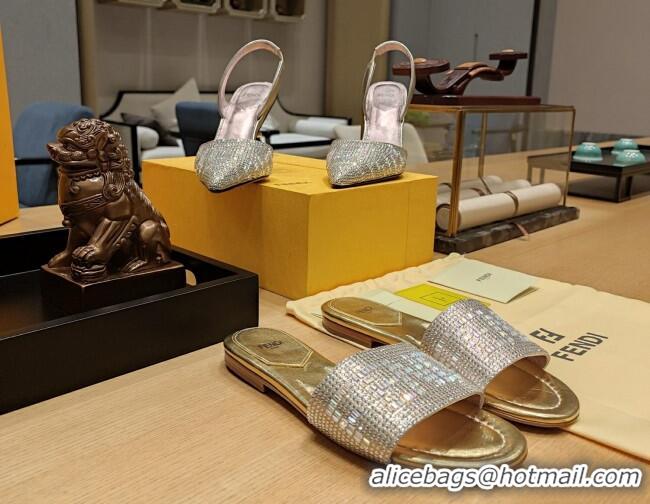 Hot Style Fendi Signature Flat Slide Sandals with Crystals Gold 326093