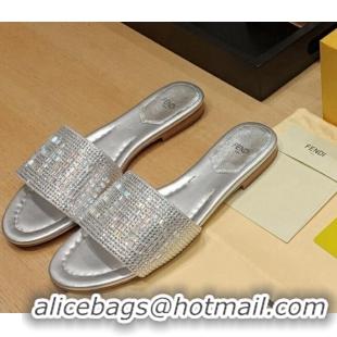 Good Looking Fendi Signature Flat Slide Sandals with Crystals Silver 326092