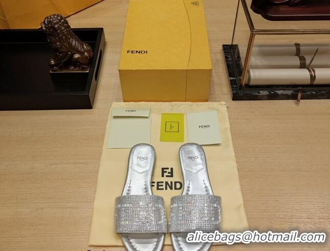 Good Looking Fendi Signature Flat Slide Sandals with Crystals Silver 326092