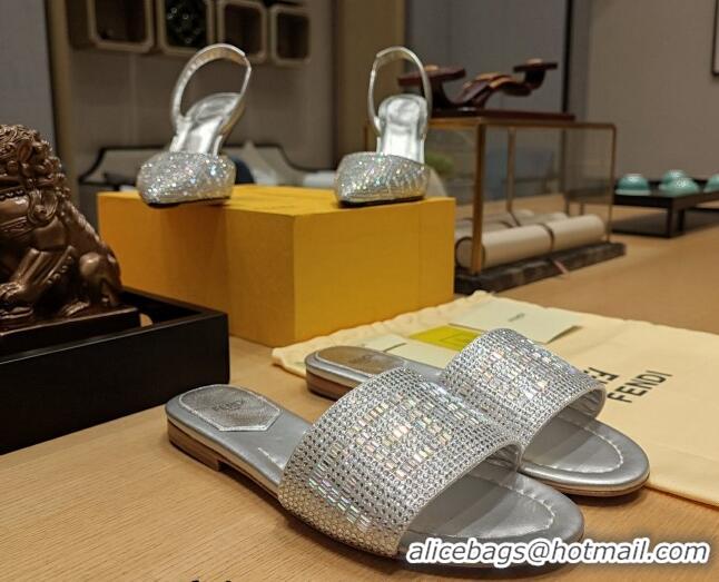 Good Looking Fendi Signature Flat Slide Sandals with Crystals Silver 326092