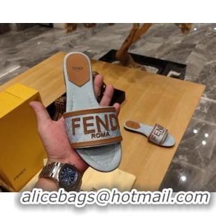 Unique Style Fendi Signature Flat Slide Sandals in Fabric Light Blue 326070