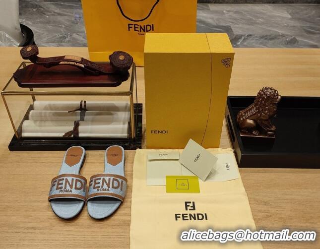 Unique Style Fendi Signature Flat Slide Sandals in Fabric Light Blue 326070